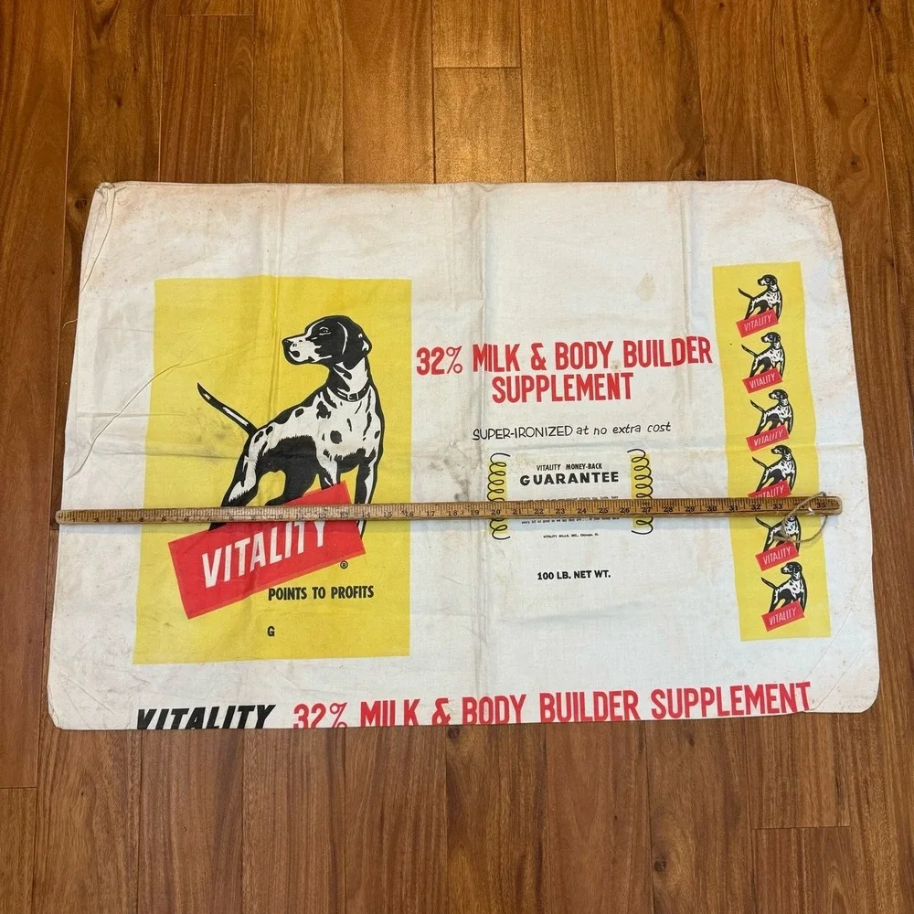 1950s Vitality Chicago Illinois 100 lbs Cattle feed bag canvas advertising decor